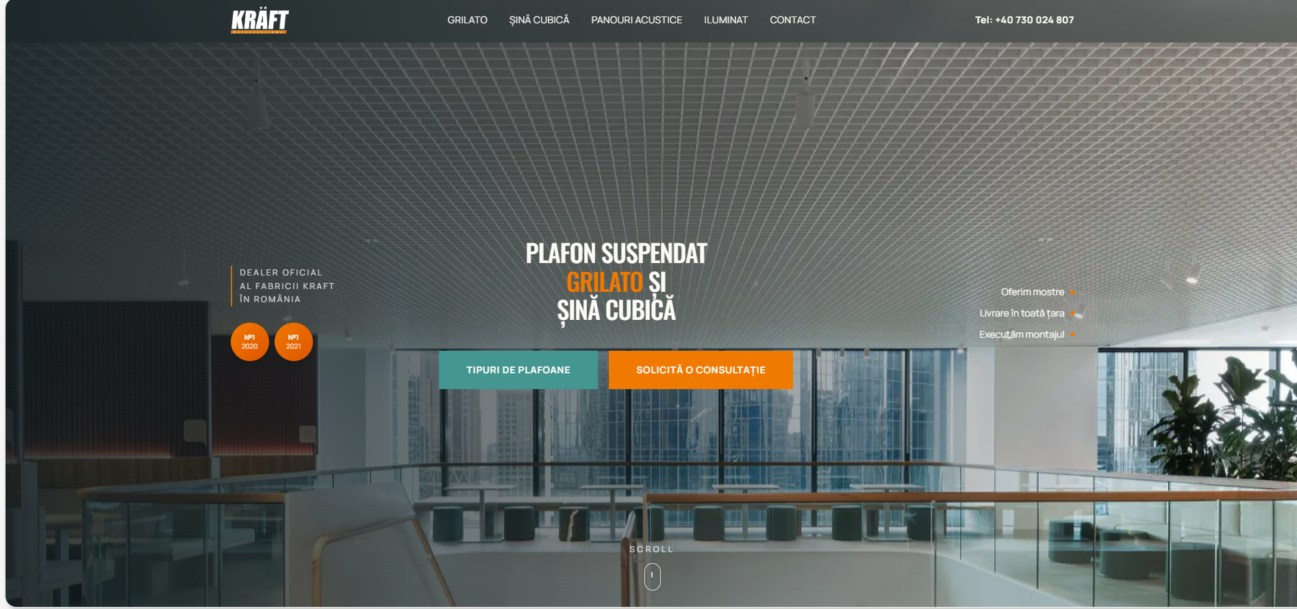 Pagina principală a site-ului demo KRÄFT — plafoane suspendate grilato și șină cubică
