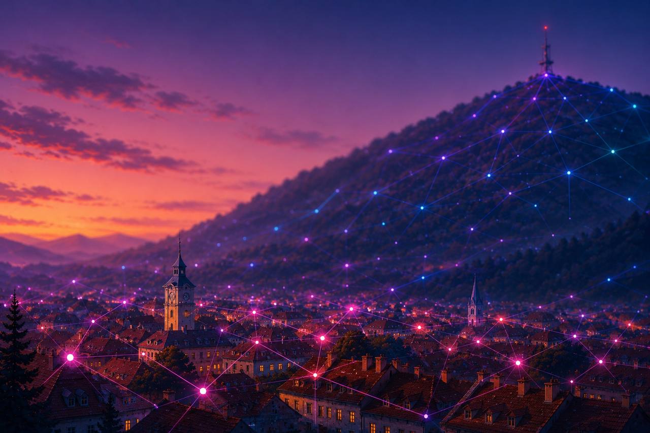 Brașov la apus cu trasee digitale luminoase care urcă spre munte
